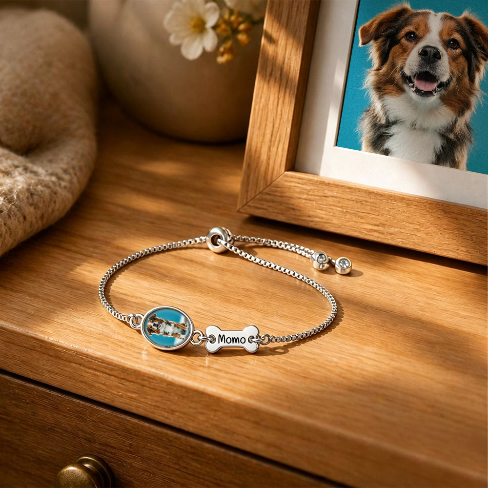 Personalized Pet Photo Bracelet, Custom Name Engraving & Pet Memorial Charm Jewelry, Cat Loss Gift, Remembering Pet - MyMoonLampAu