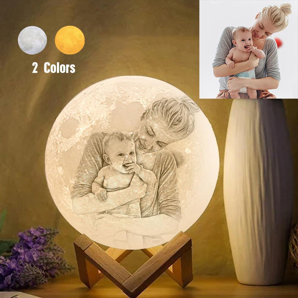 Gifts for Mom - Custom Creative 3D Print and Engraved Mother and Baby Photo Moon Lamp - Touch Two Colors