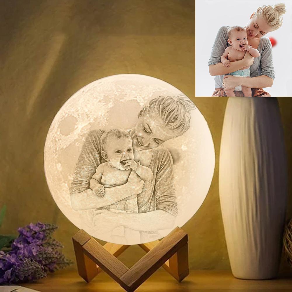 Personalised Creative 3D Print and Engraved Moon Lamp with Photo of Mother and Daughter - Touch Two Colors