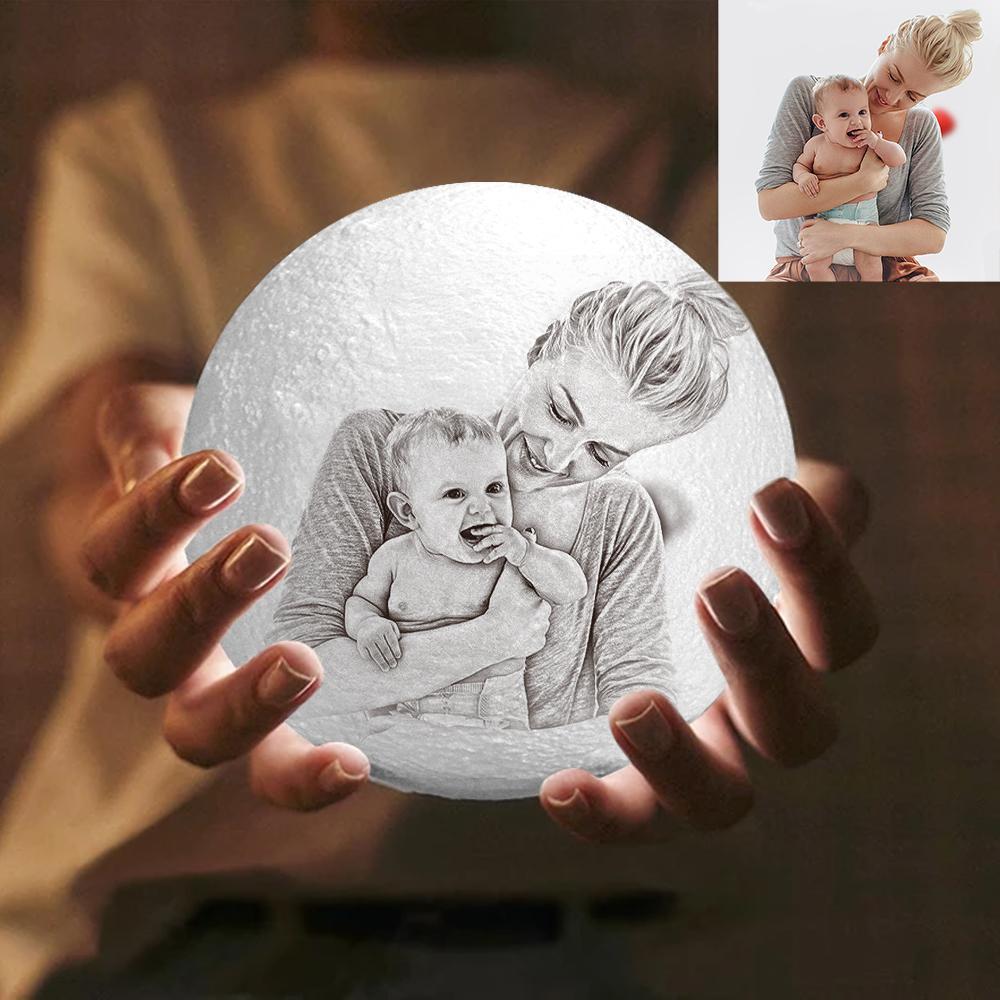 Gifts for Mom - Custom Creative 3D Print and Engraved Mother and Baby Photo Moon Lamp - Touch Two Colors