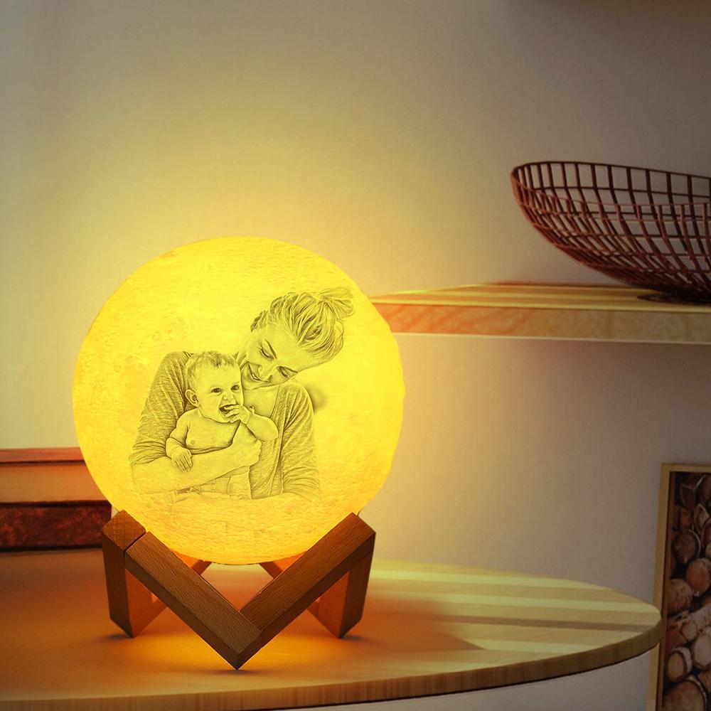 Gifts for Mom - Custom Creative 3D Print and Engraved Mother and Baby Photo Moon Lamp - Touch Two Colors