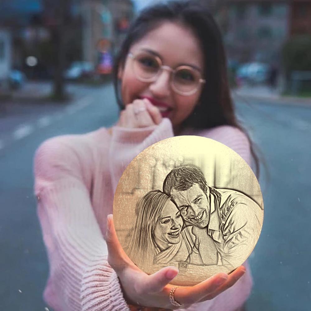 Custom Photo Engraved 3D Printing Moon Lamp, Creative Idea For Lover - Tap Three Colors