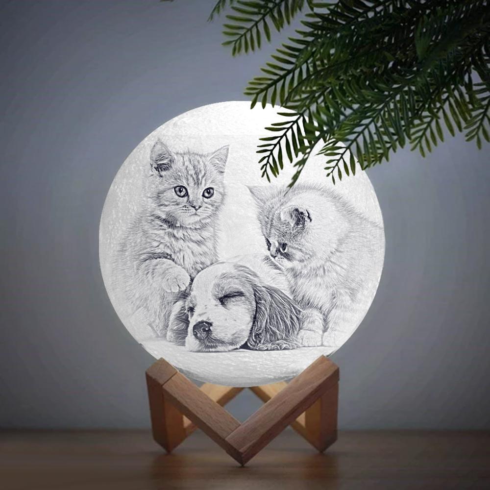 Custom Pet Photo Engraved 3D Printing Moon Lamp, Creative Idea Gift - Tap Three Colors