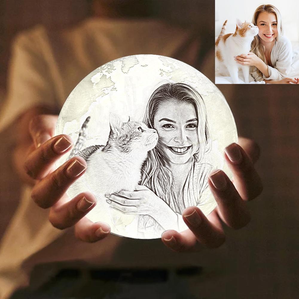 Magic Lunar Customized Pet Earth Lamp With Text, Engraved Lovely Cat Photo Lamp - Touch Two Colors (10-20cm)