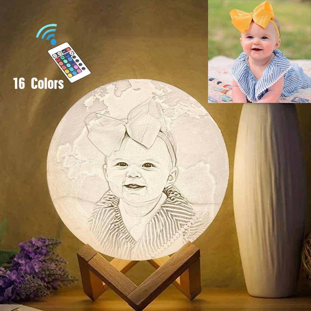 Cute Baby Photo Engraved 3D Printing Earth Light, Lamp Earth - Remote Control Sixteen Colors (10-20cm)