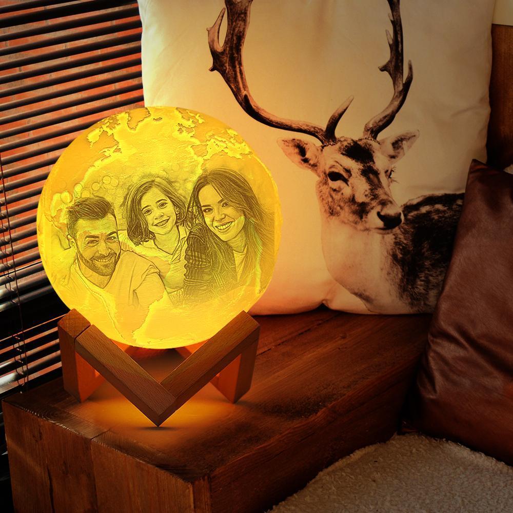 Happy Family Photo Engraved 3D Printing Earth Light, Lamp Earth - Remote Control Sixteen Colors (10-20cm)