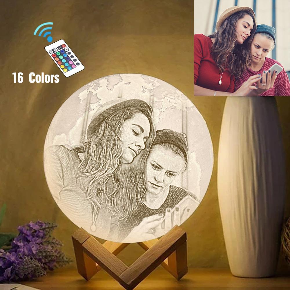 Family Photo Engraved 3D Printing Earth Light, Lamp Earth - Remote Control Sixteen Colors (10-20cm)
