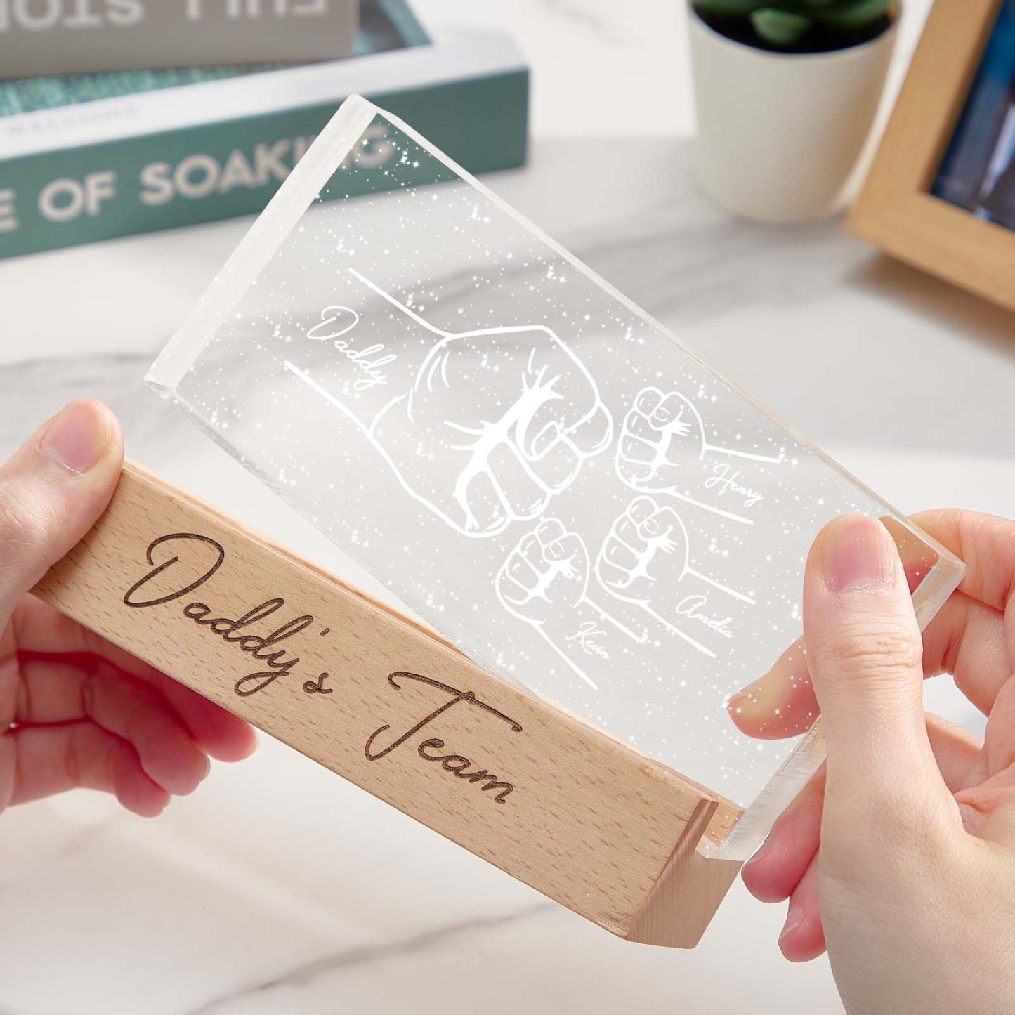 Custom Acrylic LED Night Light Personalized Daddy's Team Fist Bump Father's Day Gift