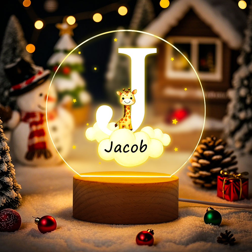 Personalized Fantasy Star Cloud Cute Forest Animal Initial Name LED Night Light with Wooden Base Nursery Decor Birthday Baby Shower Gift for Kids