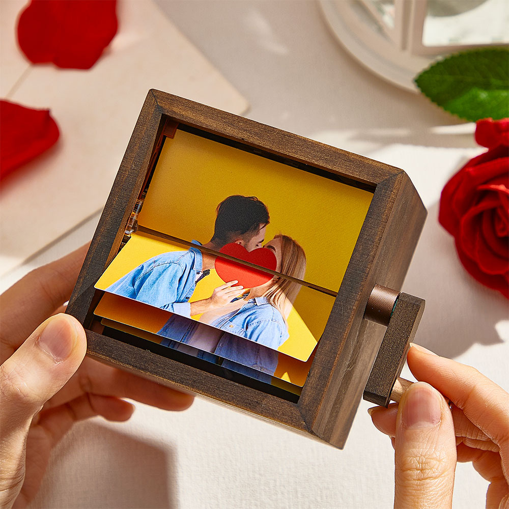 Anniversary Gift Custom Hand-Crank Flipbook Box Animation Machine Mechanical Hand-cranked Photo Album with Light Black Walnut Baby Photo Cube Frame Gift for Kids - MyMoonLampAu