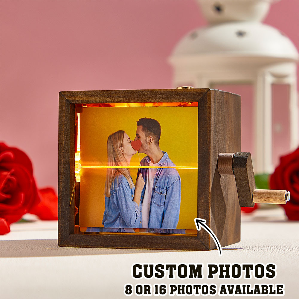Anniversary Gift Custom Hand-Crank Flipbook Box Animation Machine Mechanical Hand-cranked Photo Album with Light Black Walnut Baby Photo Cube Frame Gift for Kids - MyMoonLampAu