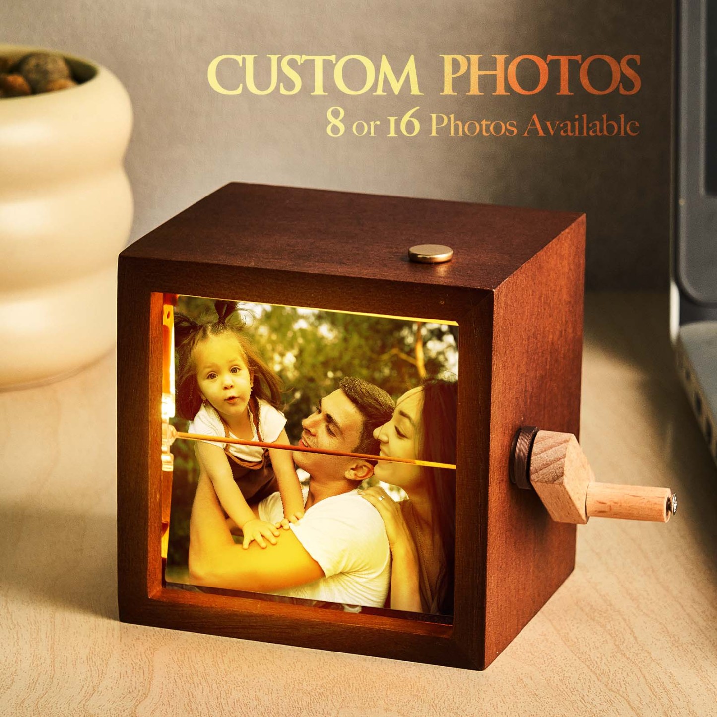 Custom Pet Photo Hand-Crank Flipbook Box Animation Machine Mechanical Hand-cranked Photo Album with Light Black Walnut Cube Frame - MyMoonLampAu
