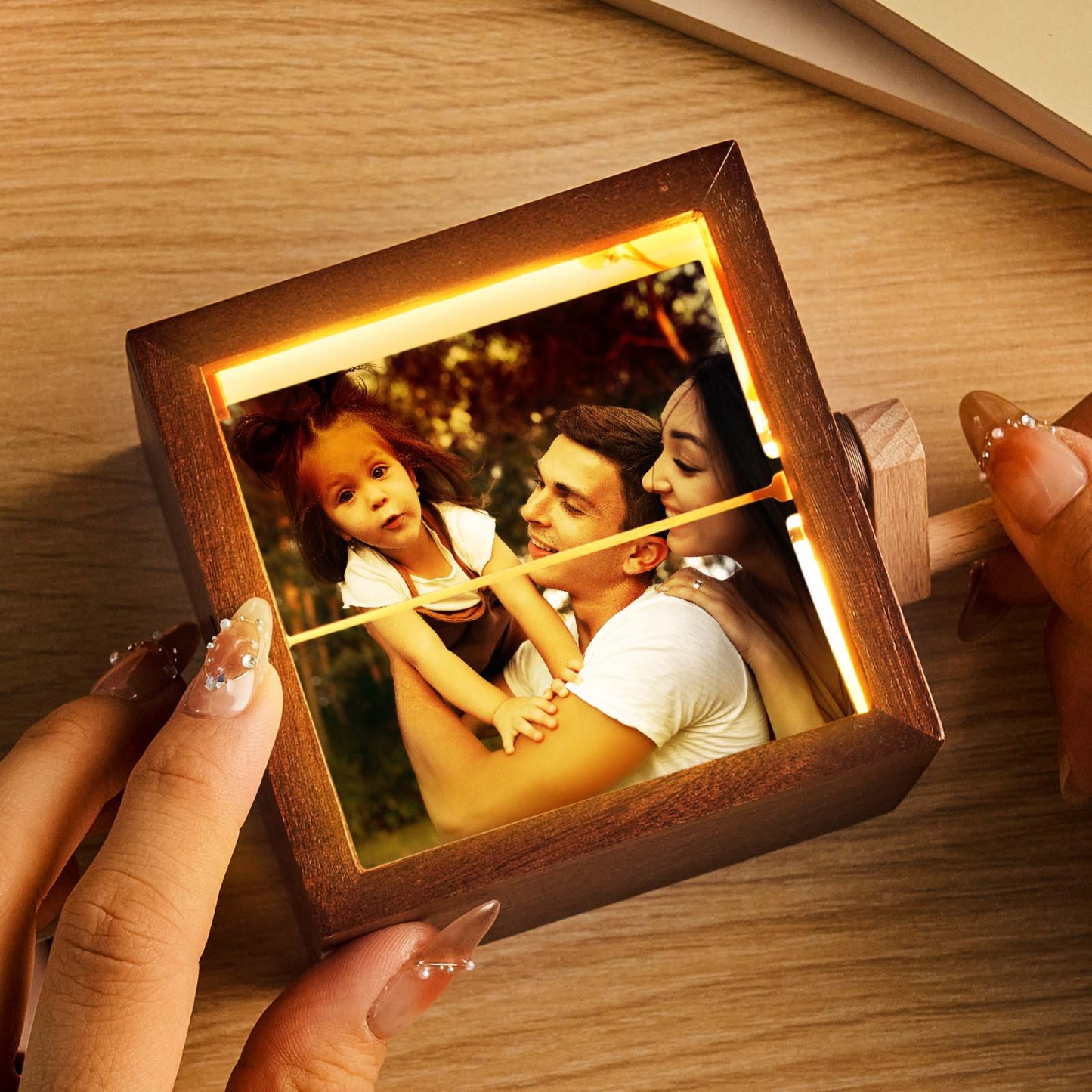 Custom Pet Photo Hand-Crank Flipbook Box Animation Machine Mechanical Hand-cranked Photo Album with Light Black Walnut Cube Frame - MyMoonLampAu
