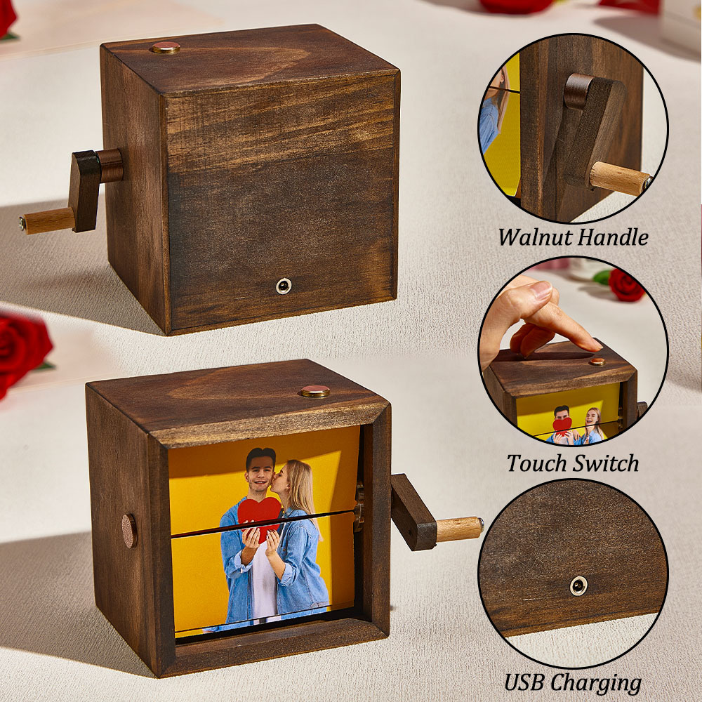 Mother's Day Custom Hand-Crank Flipbook Box Animation Machine Mechanical Hand-cranked Photo Album with Light Black Walnut Baby Photo Cube Frame - MyMoonLampAu