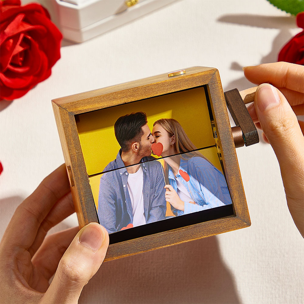 Custom Pet Photo Hand-Crank Flipbook Box Animation Machine Mechanical Hand-cranked Photo Album with Light Black Walnut Cube Frame - MyMoonLampAu