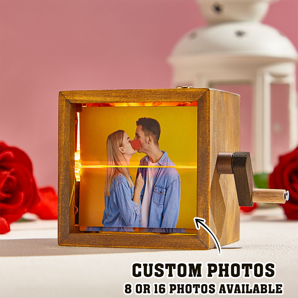 Anniversary Gift Custom Hand-Crank Flipbook Box Animation Machine Mechanical Hand-cranked Photo Album with Light Black Walnut Baby Photo Cube Frame Gift for Kids - MyMoonLampAu