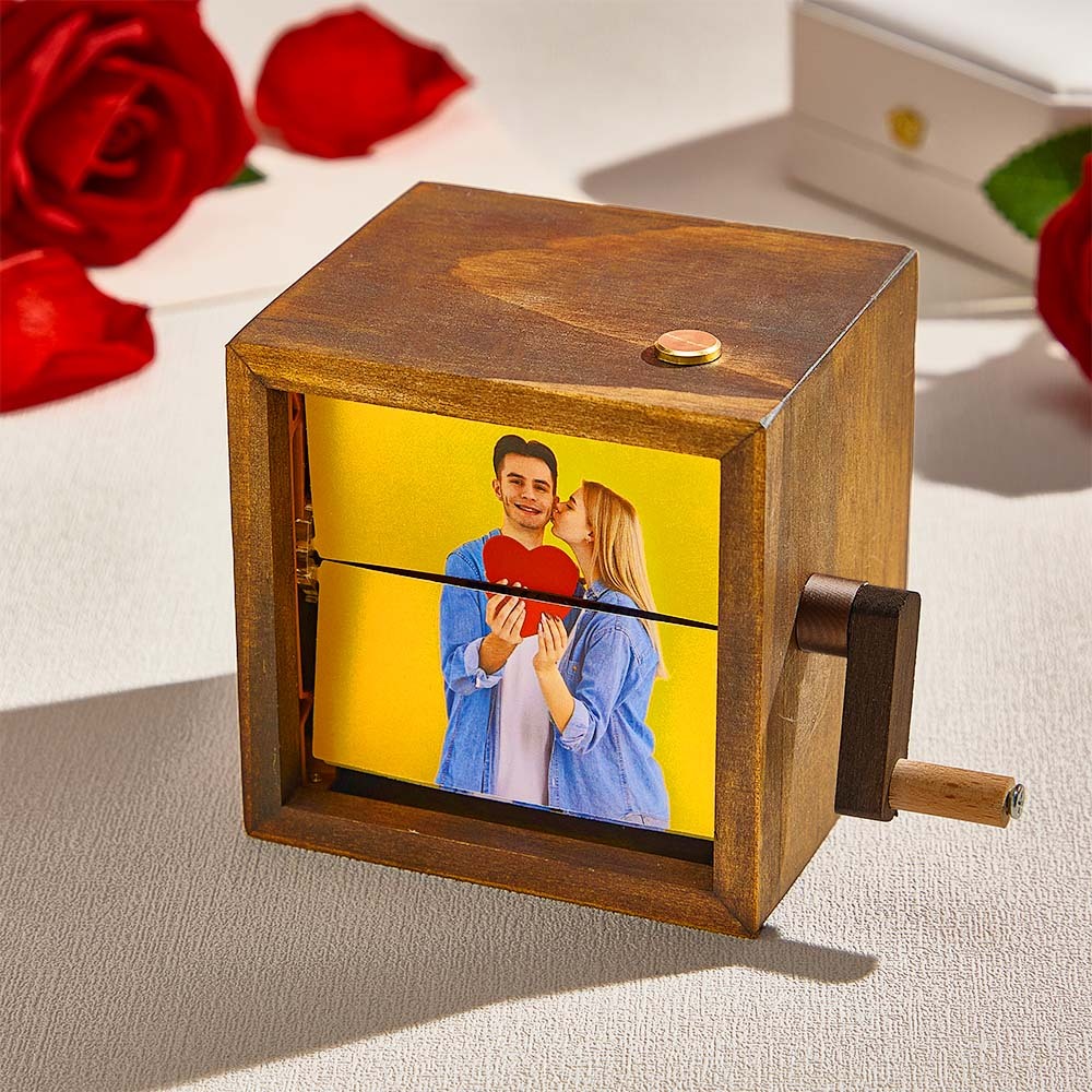 Custom Pet Photo Hand-Crank Flipbook Box Animation Machine Mechanical Hand-cranked Photo Album with Light Black Walnut Cube Frame - MyMoonLampAu