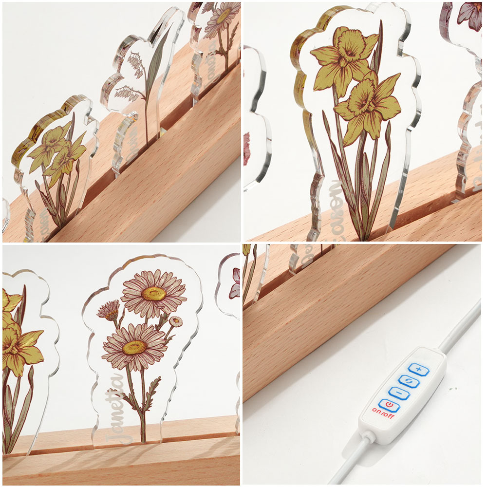 Custom Birth Flower 3D Crystal Acrylic LED Light With Children's Names Mothers Day Gift - MyMoonLampAu