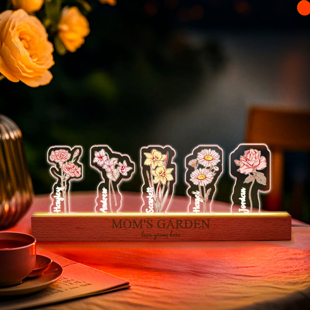 Custom Birth Flower 3D Crystal Acrylic LED Light With Children's Names Mothers Day Gift - MyMoonLampAu