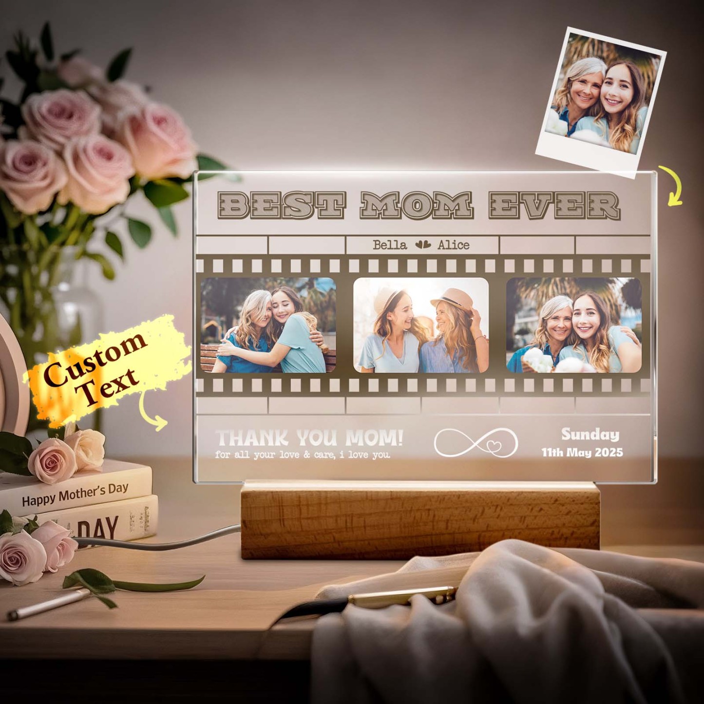 Mother's Day Gift Personalized Photos and Text Night Light Best Mom Ever Gift for Mom Custom Present - MyMoonLampAu
