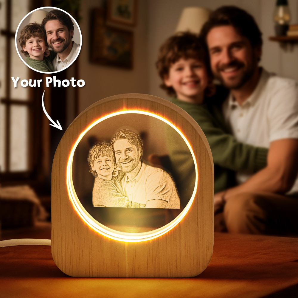 Father's Day Gift Custom Crystal Picture Photo Glass Night Light - LED Light Wooden Base, Unique Gift for Lover, Pets, Birthday - MyMoonLampAu