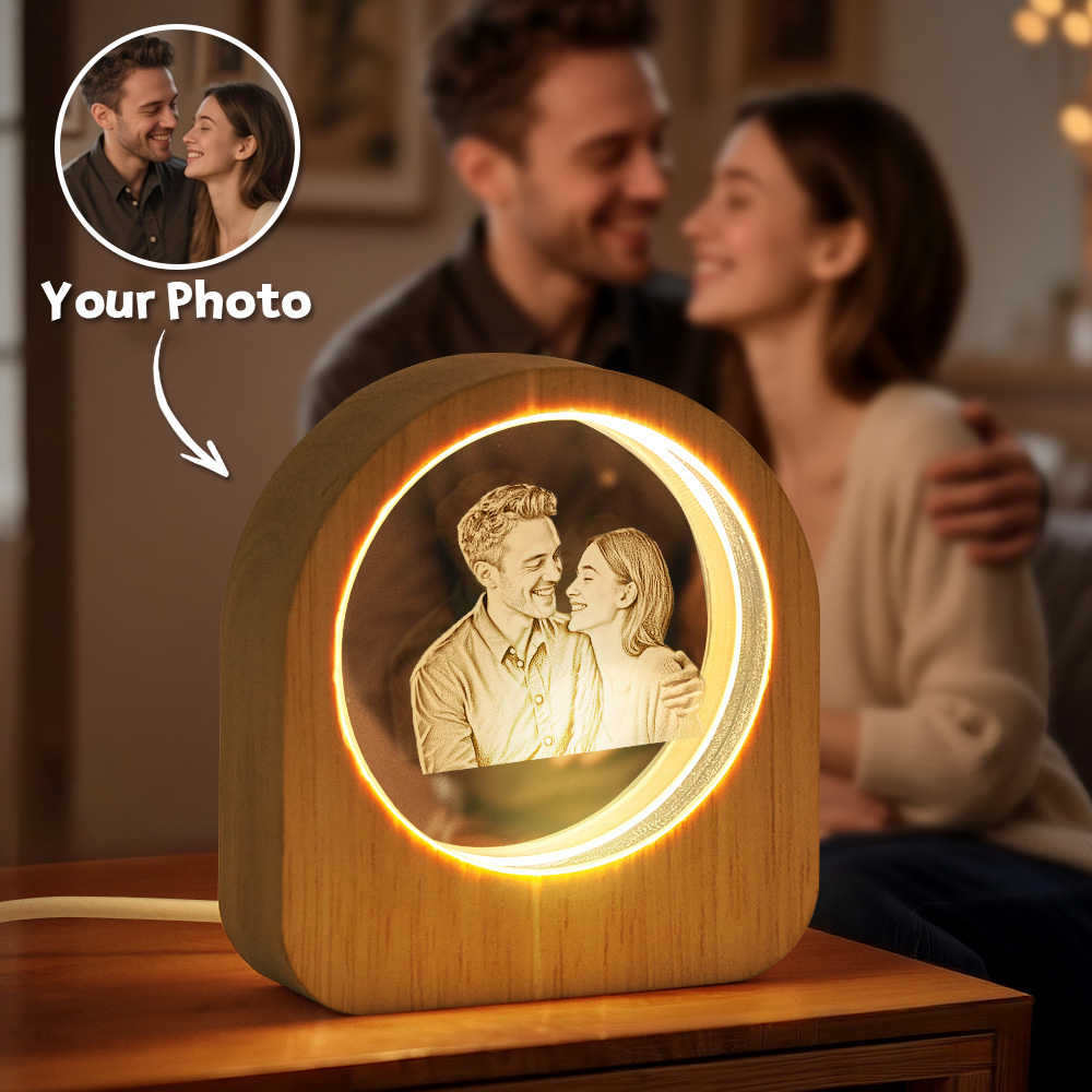 Father's Day Gift Custom Crystal Picture Photo Glass Night Light - LED Light Wooden Base, Unique Gift for Lover, Pets, Birthday - MyMoonLampAu