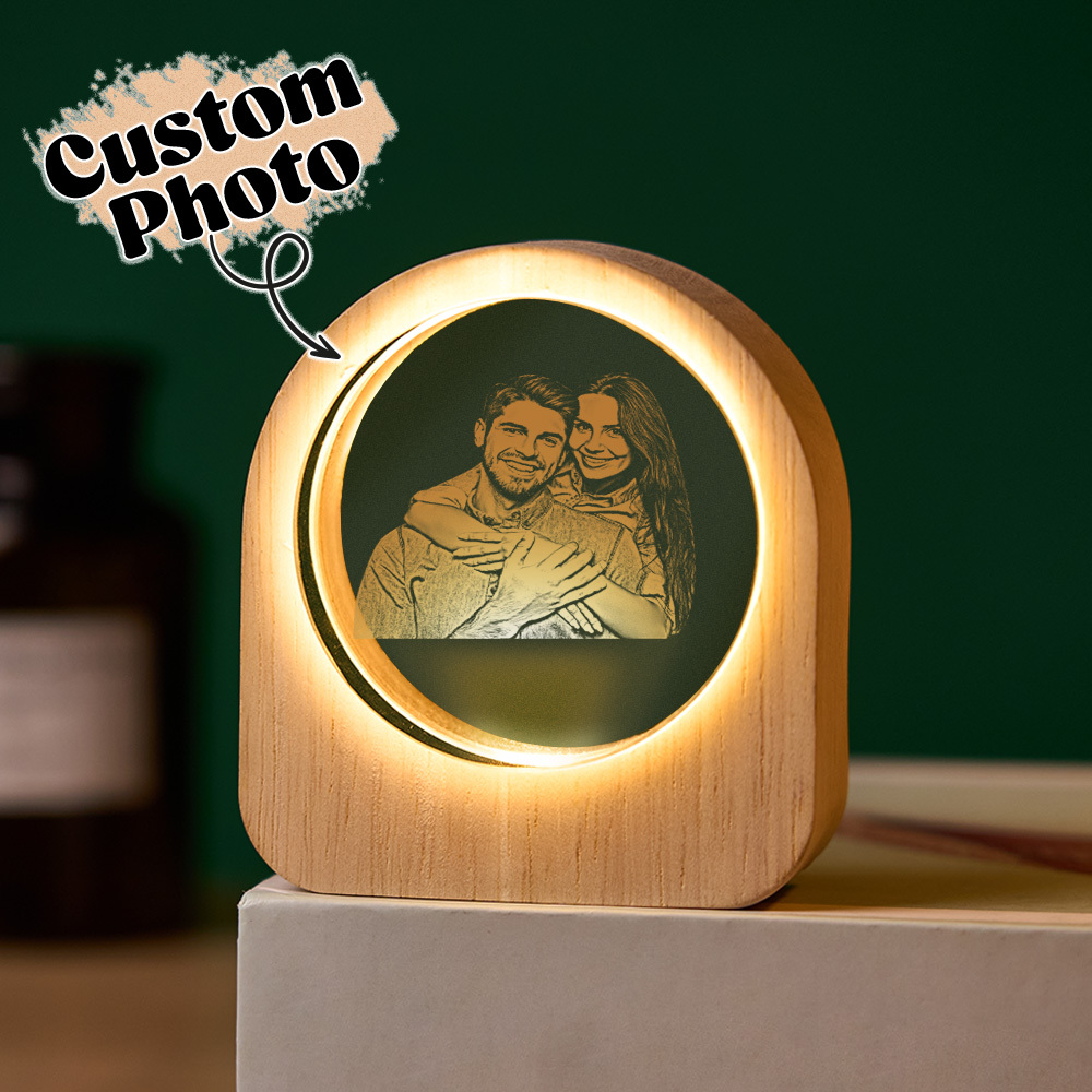 Father's Day Gift Custom Crystal Picture Photo Glass Night Light - LED Light Wooden Base, Unique Gift for Lover, Pets, Birthday - MyMoonLampAu