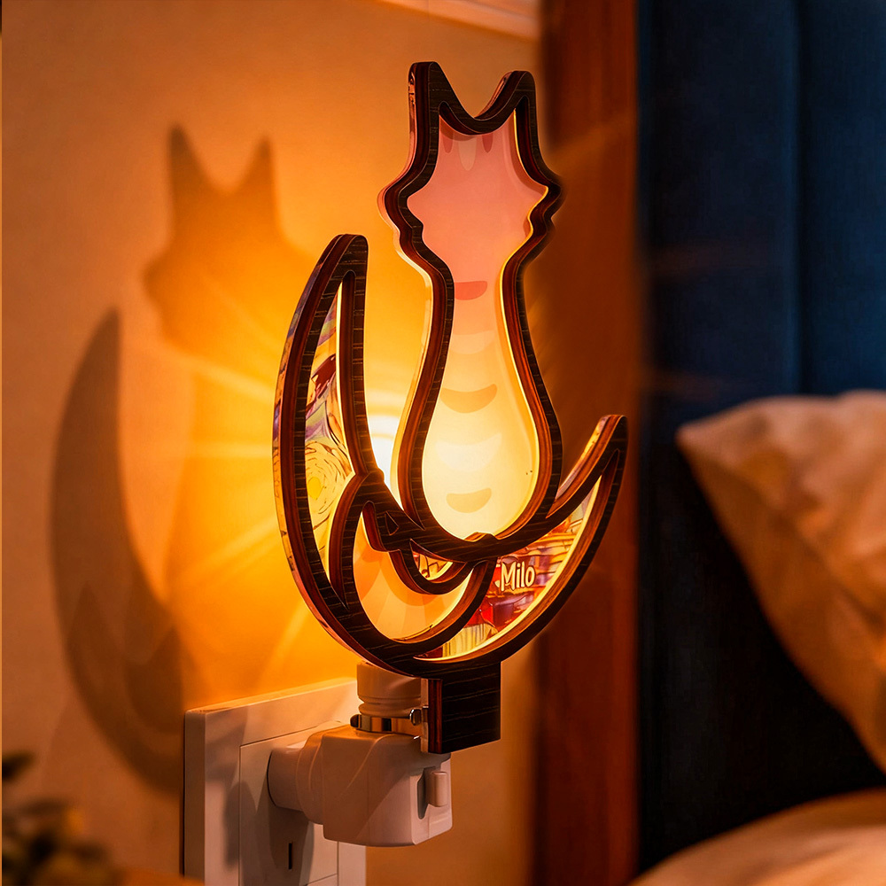 Customizable Acrylic Cat Night Light with Starry Moon Background - Plug-in LED Night Lamp for Bedroom Decor - MyMoonLampAu