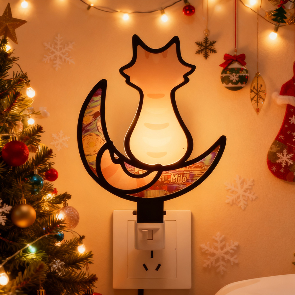 Customizable Acrylic Cat Night Light with Starry Moon Background - Plug-in LED Night Lamp for Bedroom Decor - MyMoonLampAu