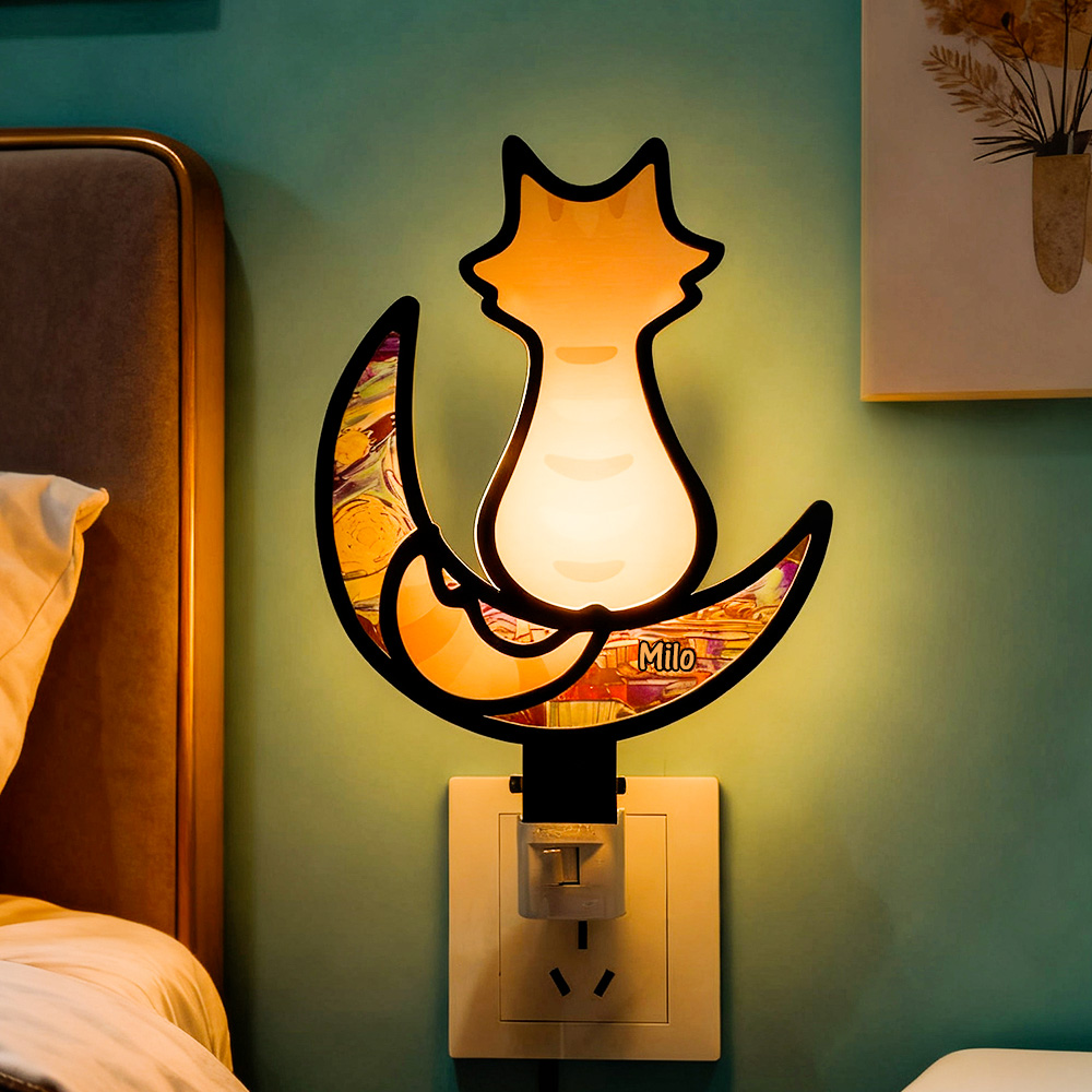 Customizable Acrylic Cat Night Light with Starry Moon Background - Plug-in LED Night Lamp for Bedroom Decor