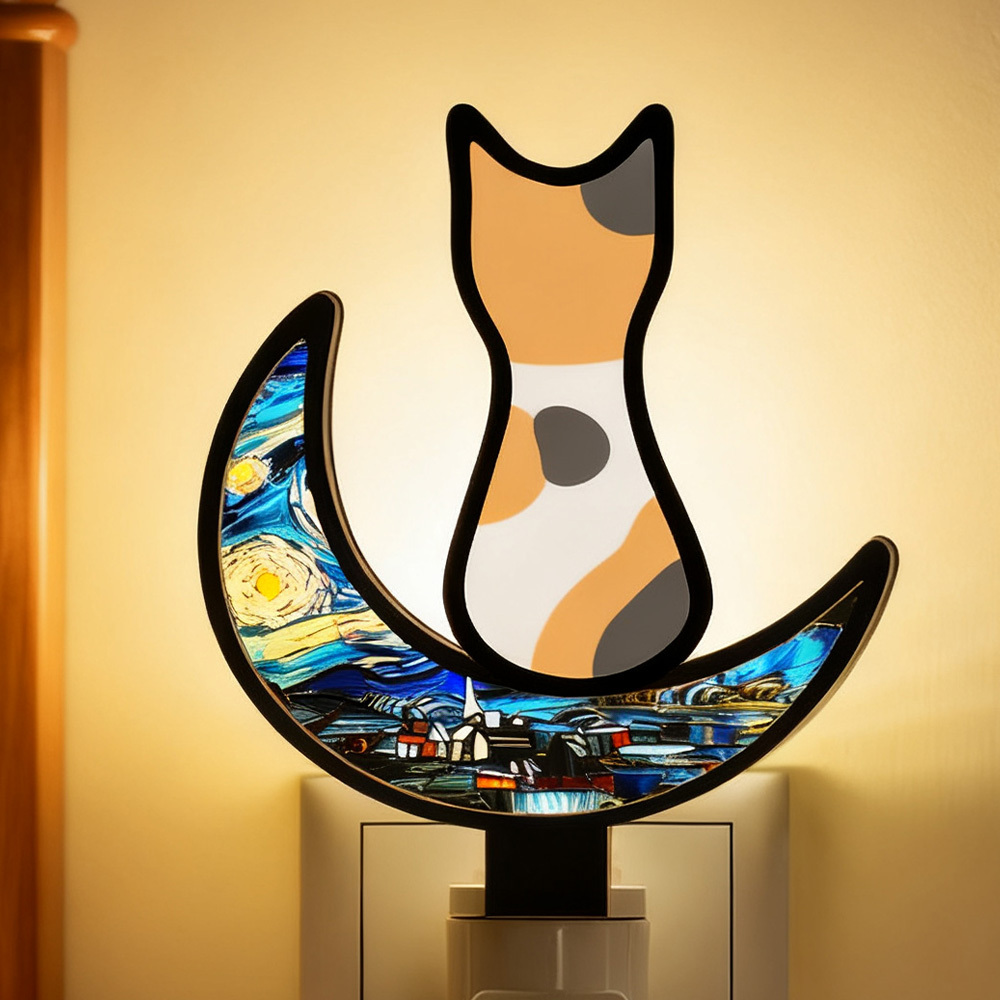 Customizable Acrylic Cat Night Light with Starry Moon Background - Plug-in LED Night Lamp for Bedroom Decor - MyMoonLampAu