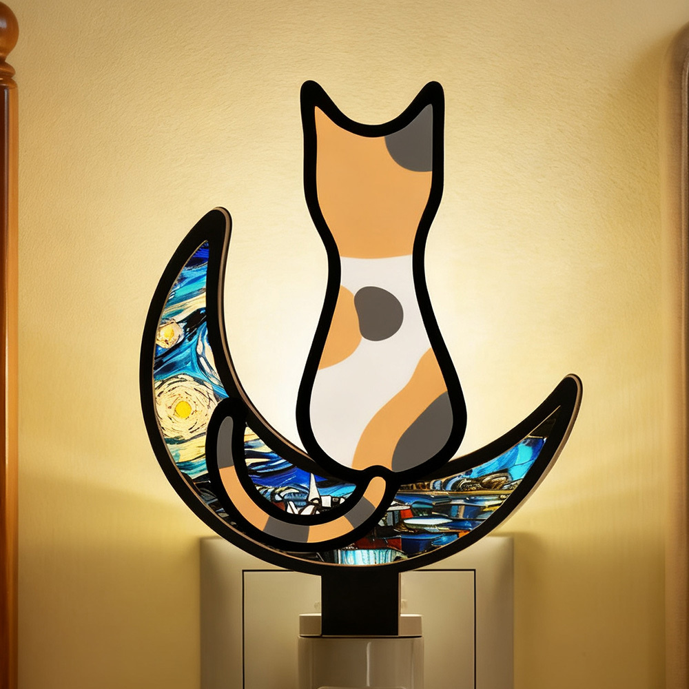 Customizable Acrylic Cat Night Light with Starry Moon Background - Plug-in LED Night Lamp for Bedroom Decor - MyMoonLampAu