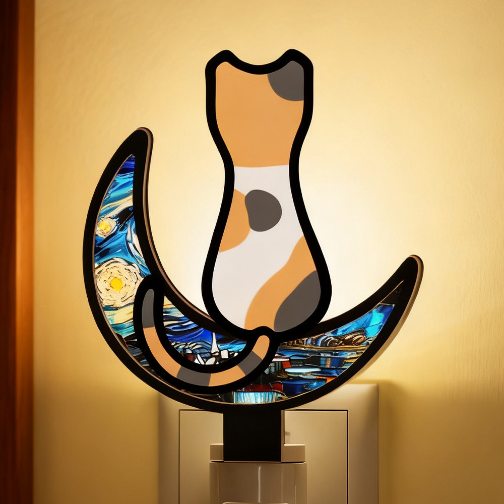 Customizable Acrylic Cat Night Light with Starry Moon Background - Plug-in LED Night Lamp for Bedroom Decor - MyMoonLampAu