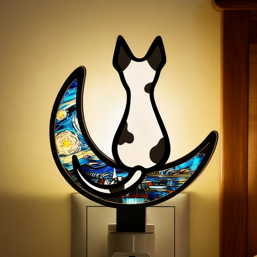 Customizable Acrylic Cat Night Light with Starry Moon Background - Plug-in LED Night Lamp for Bedroom Decor - MyMoonLampAu