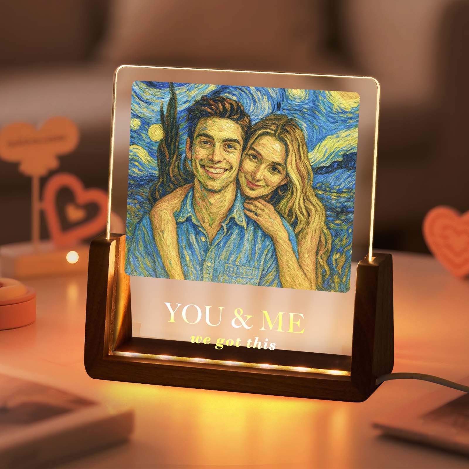 Valentine's Gifts Personalized Photos Style of Van Gogh Cutsom Text Acrylic Led Night Light Gift for Couple