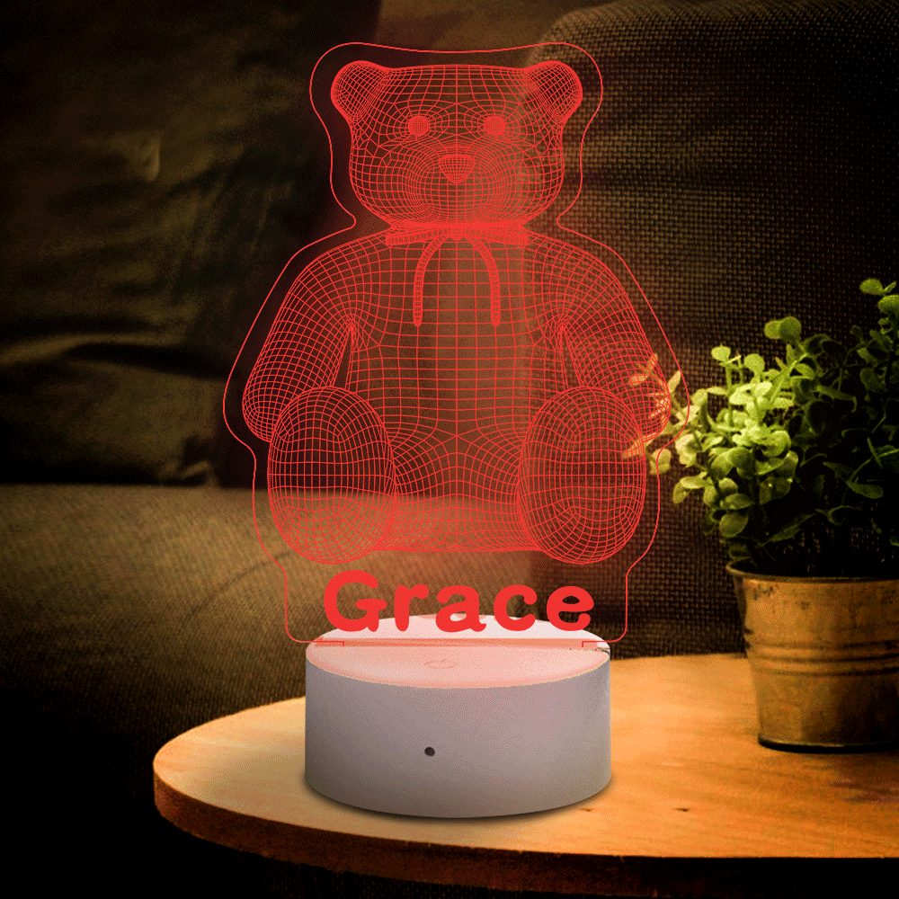 Personalised 3D Illusion Toy Bear With Custom Name Night Light For Girl
