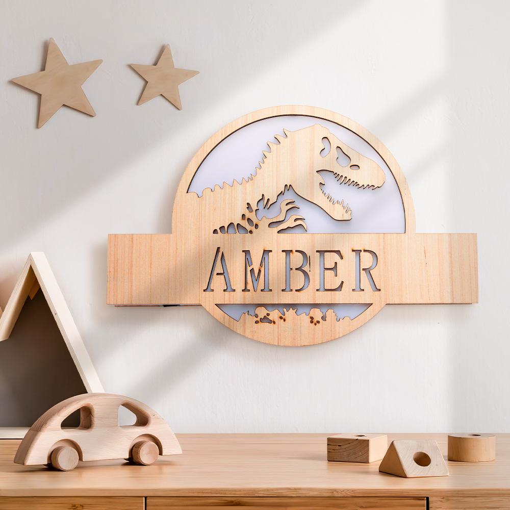 Custom Name Sign Dinasour Natural Wall Sconce Wooden Wall Lamp Wall Decor Kids Room Decor Boys