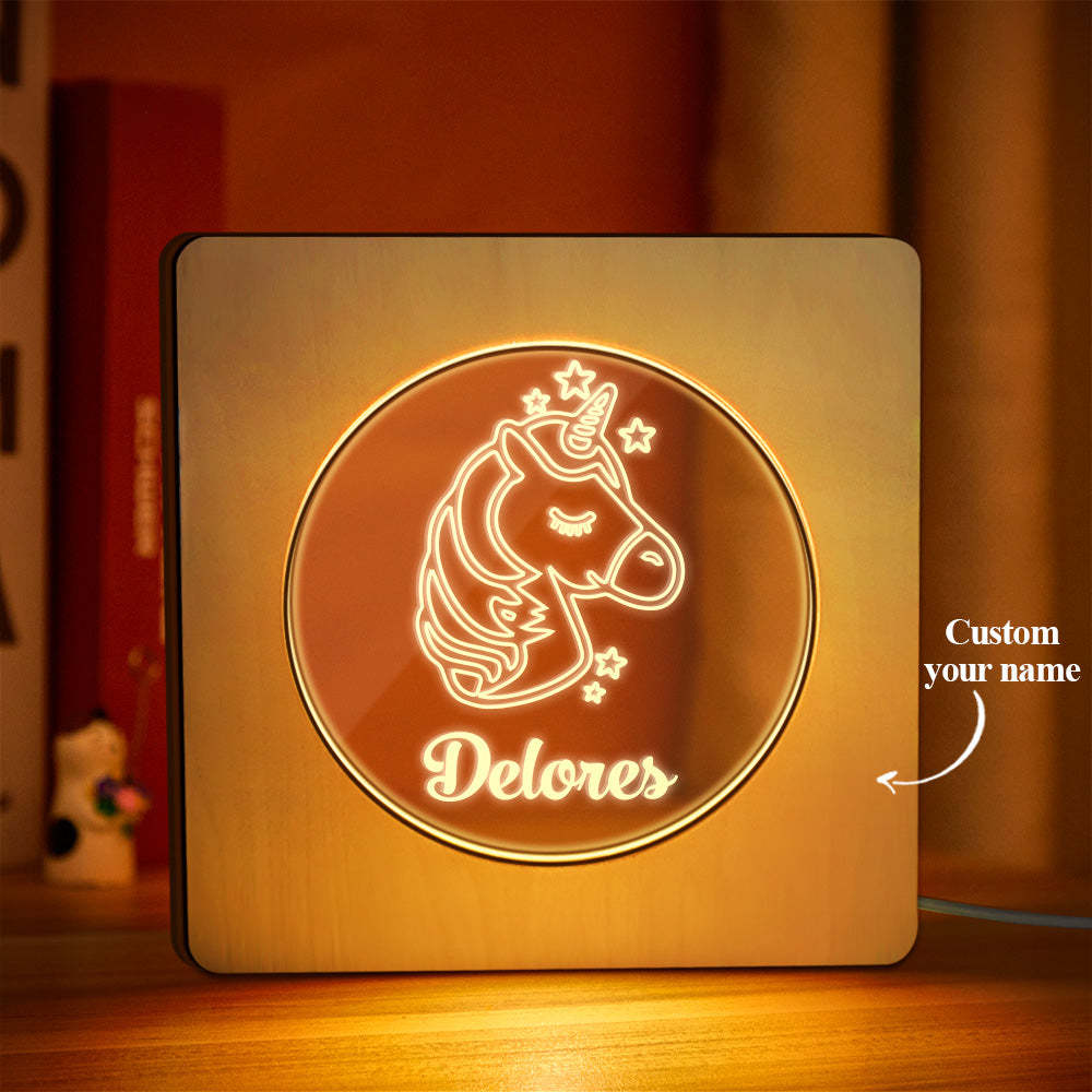 Custom Engraved Name Night Light Personalized Unicorn Wooden Frame Lamp Gift - mymoonlampau
