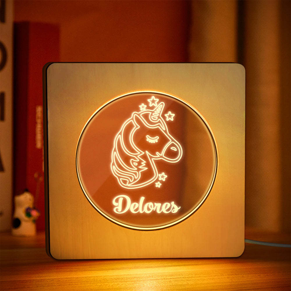 Custom Engraved Name Night Light Personalized Unicorn Wooden Frame Lamp Gift - mymoonlampau