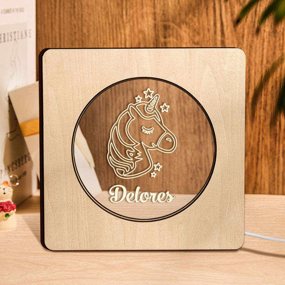 Custom Engraved Name Night Light Personalized Unicorn Wooden Frame Lamp Gift - mymoonlampau