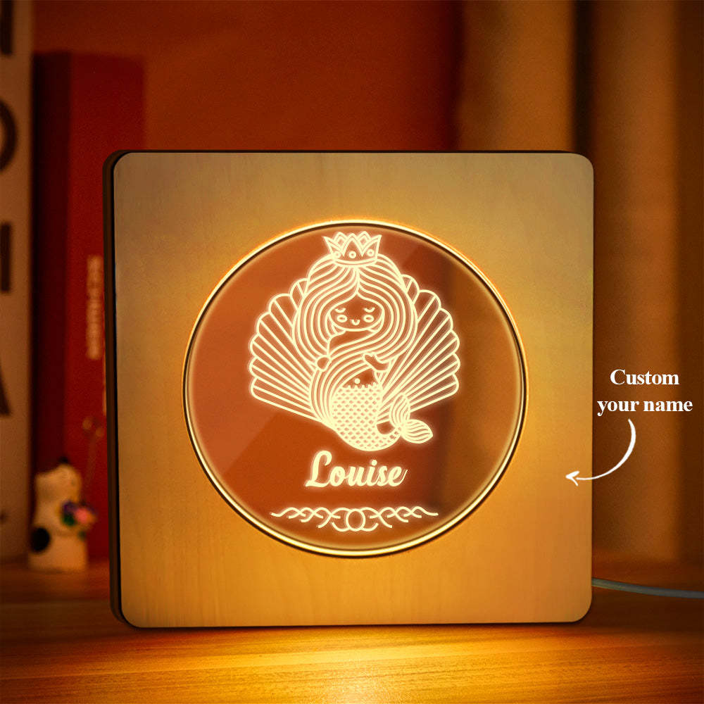 Custom Engraved Name Night Light Personalized Mermaid Wooden Frame Lamp Gift - mymoonlampau