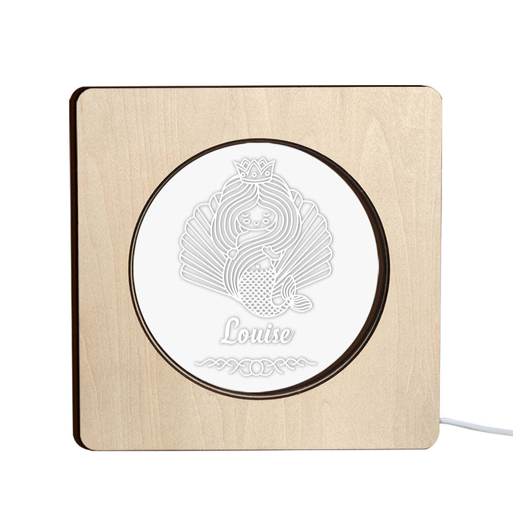 Custom Engraved Name Night Light Personalized Mermaid Wooden Frame Lamp Gift - mymoonlampau