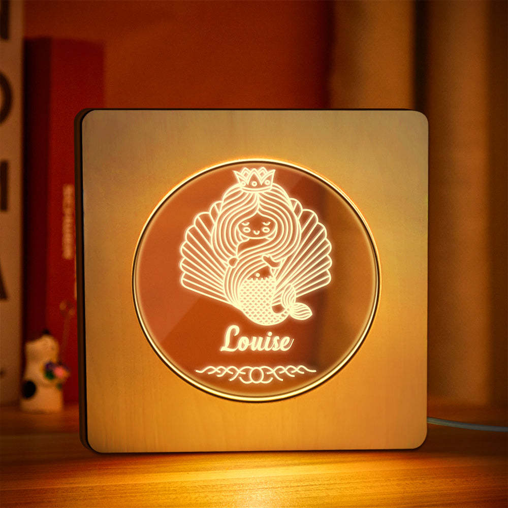 Custom Engraved Name Night Light Personalized Mermaid Wooden Frame Lamp Gift - mymoonlampau