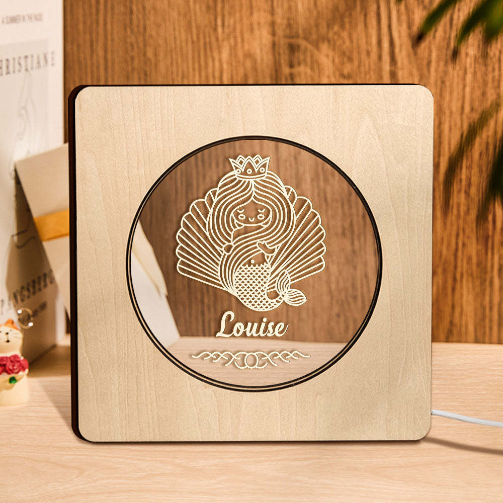 Custom Engraved Name Night Light Personalized Mermaid Wooden Frame Lamp Gift - mymoonlampau