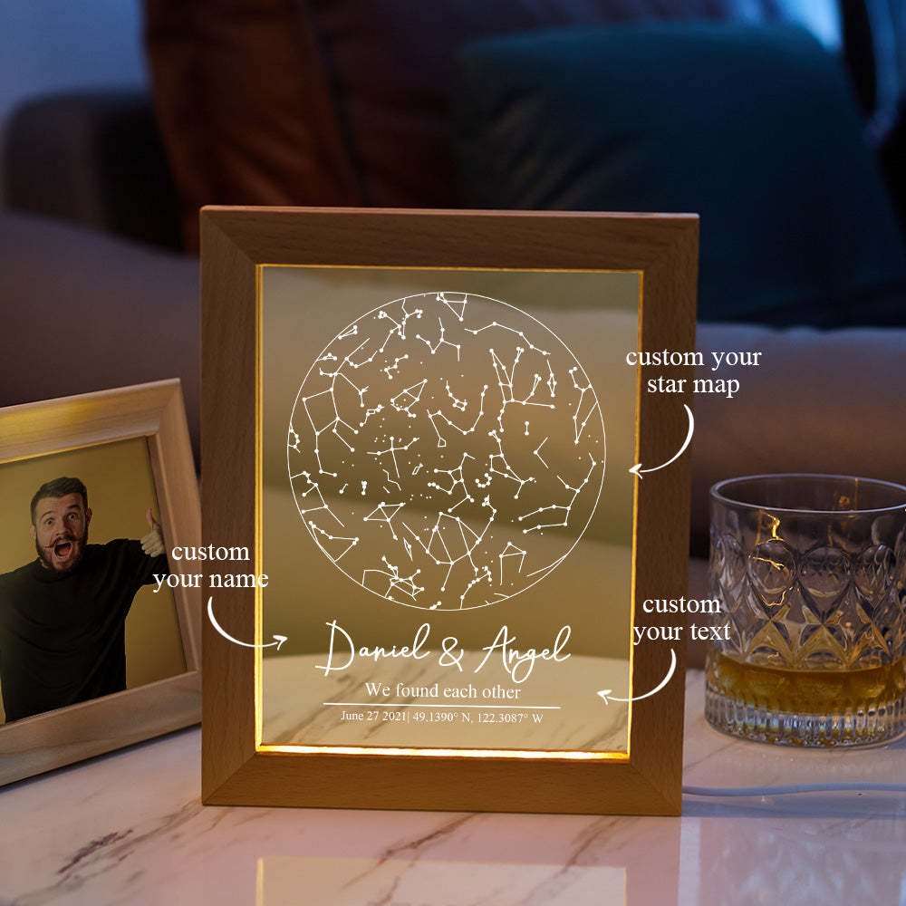 Custom Star Map Night Light Personalized Constellation Map Wooden Frame Light Gift - mymoonlampau