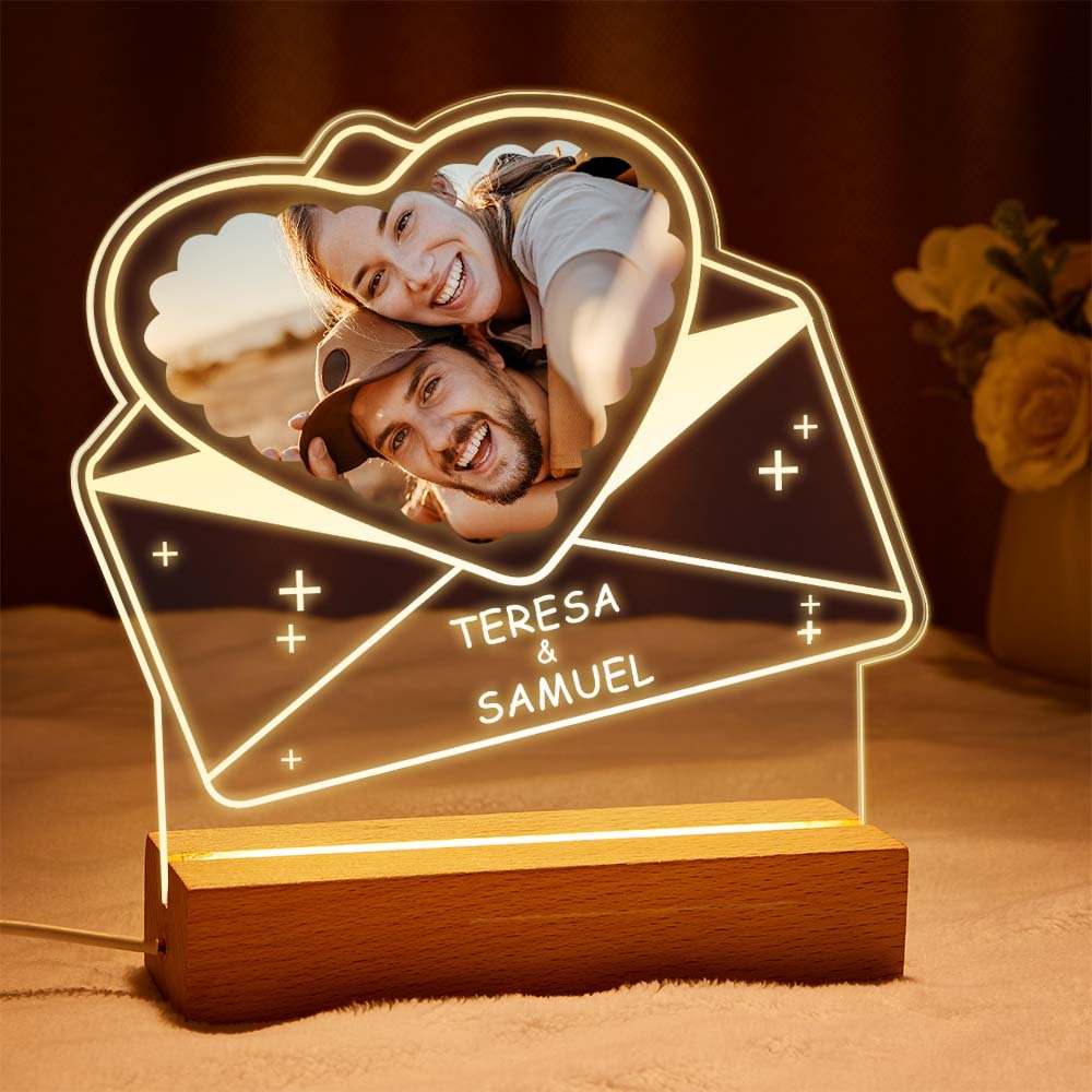 Custom Photo Acrylic Night Light with Name Personalized Lamp Couples Heart Shaped Envelopes - mymoonlampau