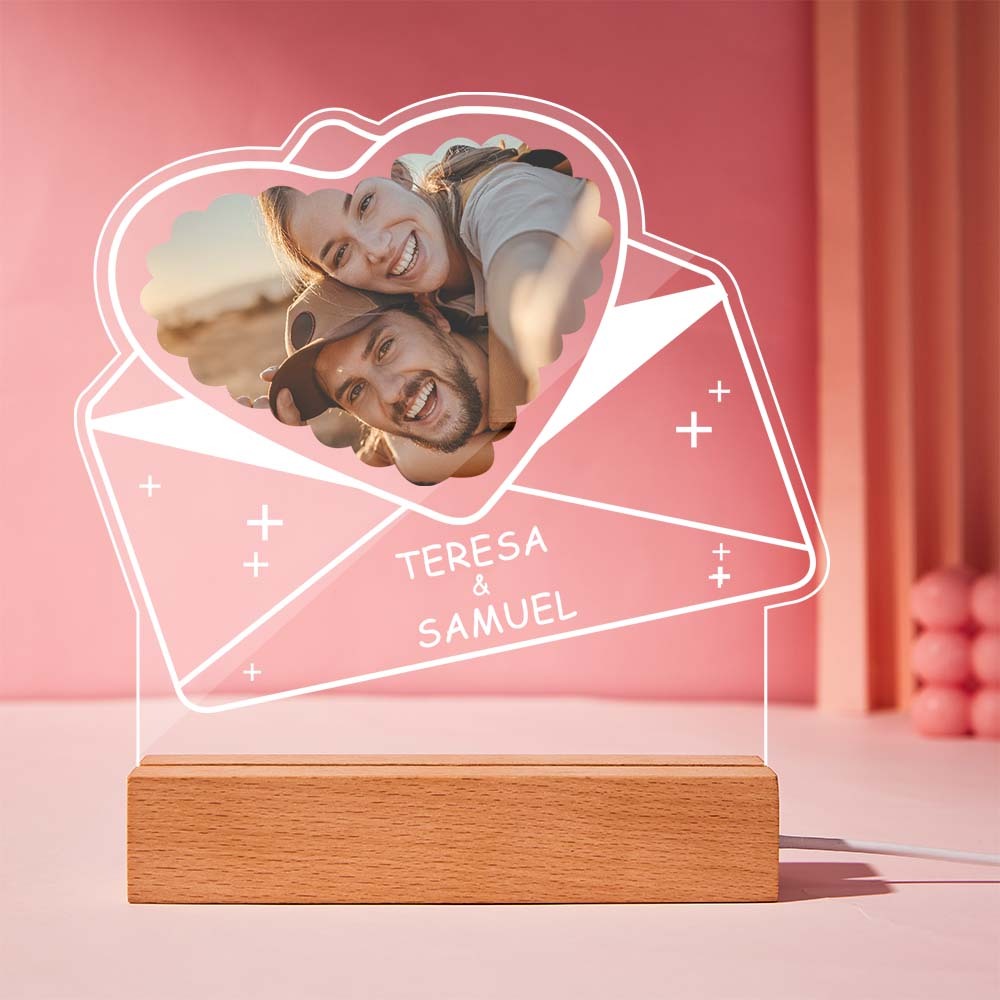 Custom Photo Acrylic Night Light with Name Personalized Lamp Couples Heart Shaped Envelopes - mymoonlampau