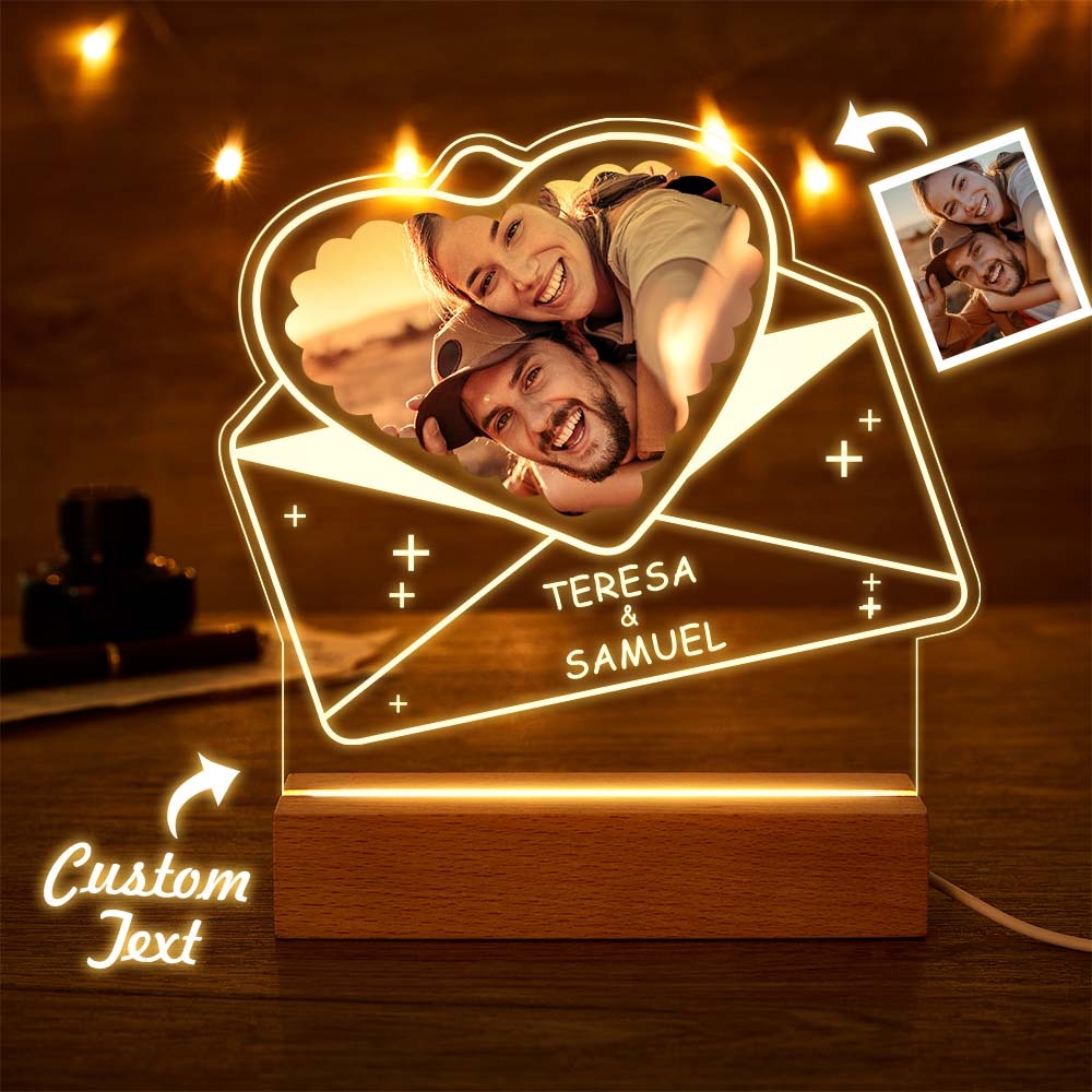 Custom Photo Acrylic Night Light with Name Personalized Lamp Couples Heart Shaped Envelopes - mymoonlampau