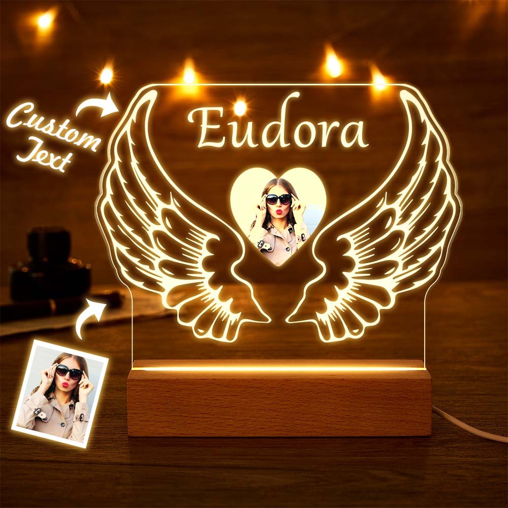 Custom Photo Acrylic Night Light with Name Angel Wings Gift for Couple - mymoonlampau