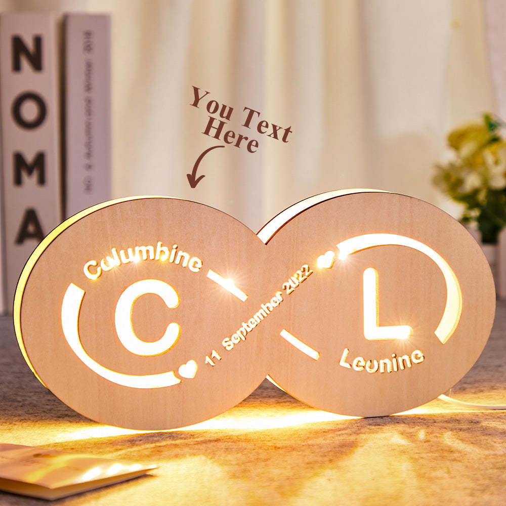 Custom Name and Date Infinity Love Sign Night Light with Initials Wooden Lamp for Lovers - mymoonlampau